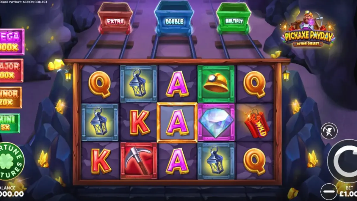 Tampilan visual slot Pickaxe Payday dengan karakter penambang kartun