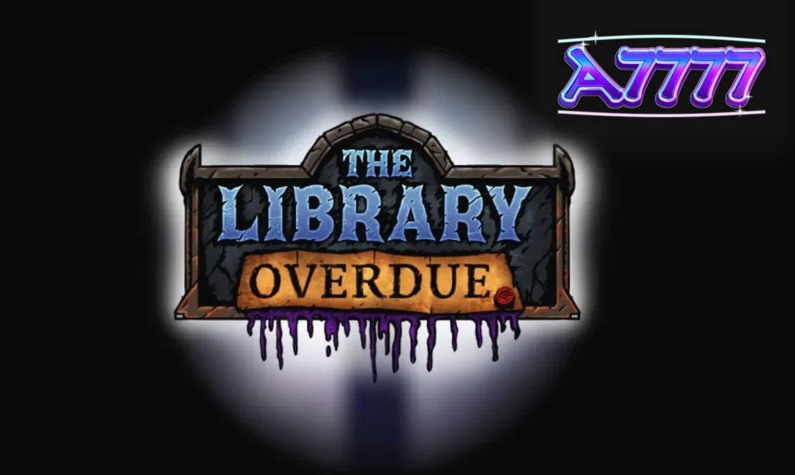 Tampilan visual slot The Library Overdue dengan nuansa gothic dan simbol misterius.