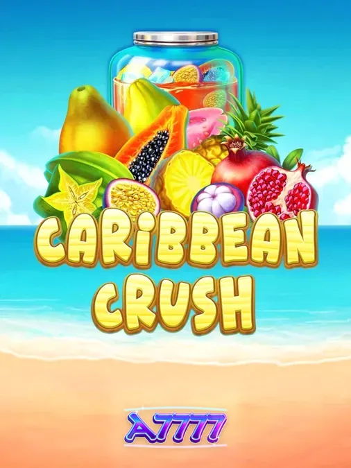 Tampilan visual slot Caribbean Crush dengan latar belakang pantai tropis dan simbol buah-buahan.